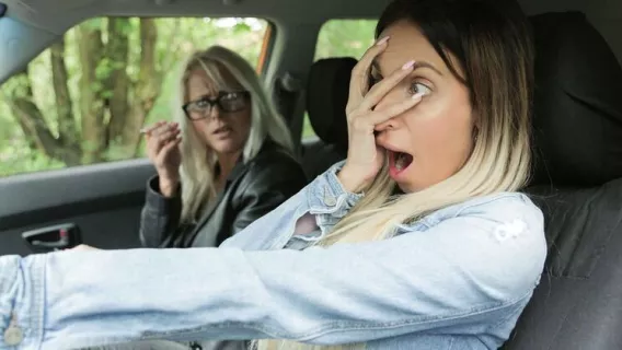 ◤Fake Driving School◢ Learner Licks Wet Pussy For License ►Kathy Anderson, Emily Bright 