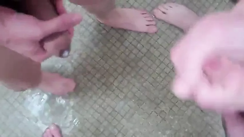 Circle jerk in the gym shower with cumming - porn video  