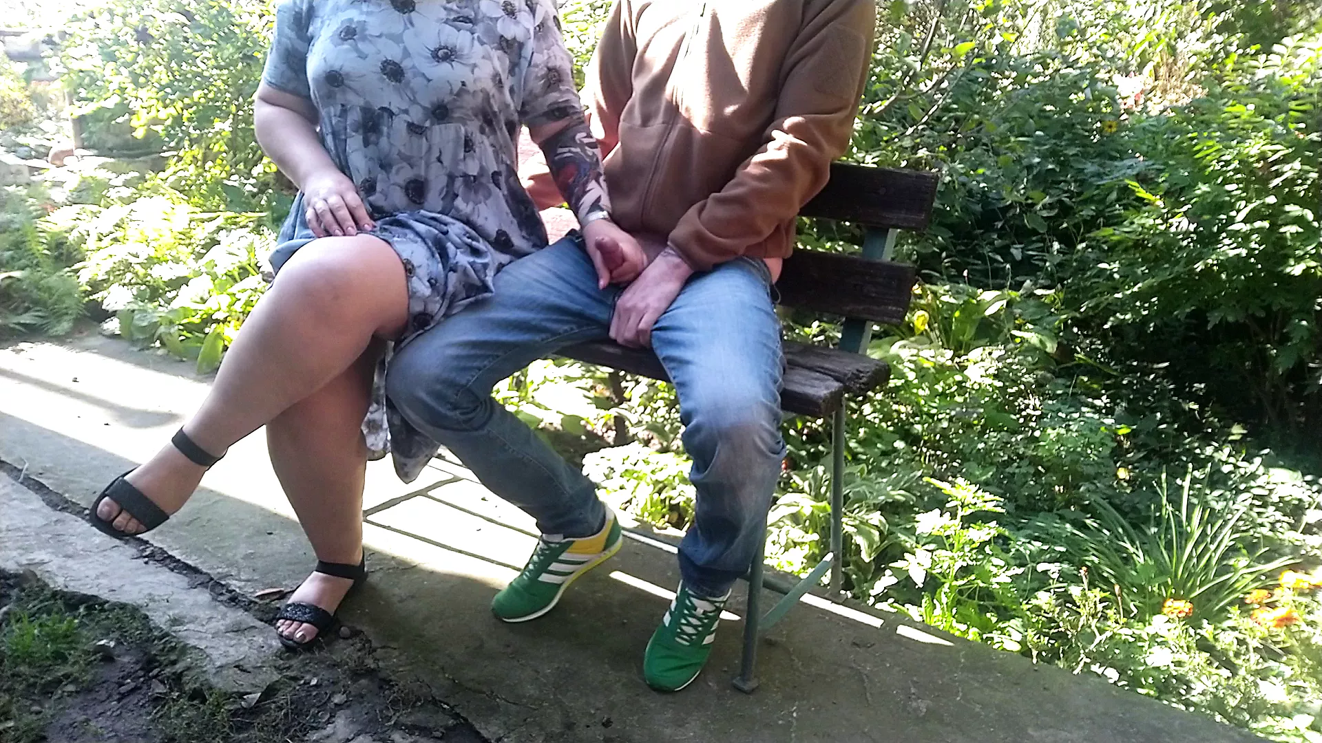 Horny mother-in-law licks cum from fingers after handjob to son-in-law outdoors - porn video  