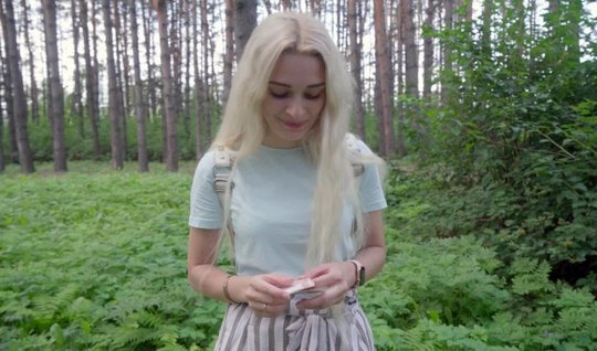 ⁣Russian blonde fell for money and now sucks in the forest 