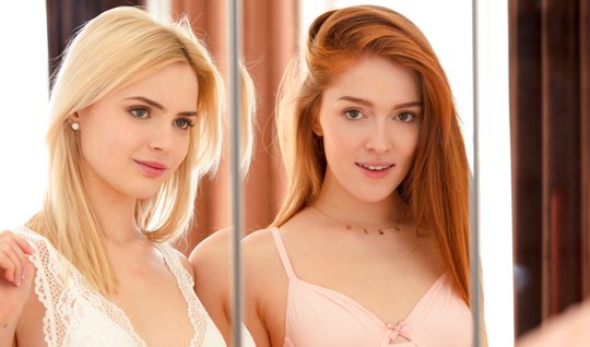 ⁣Redhead lesbian licks blonde pussy after shopping 